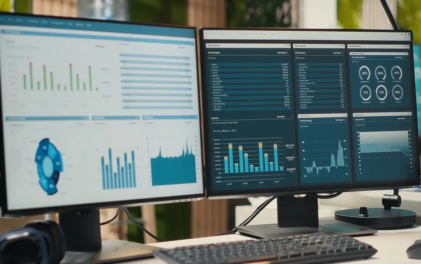 Dual-monitor setup displaying ERP financial dashboards with revenue charts and performance metrics, illustrating custom ERP software development services built for business resource management.