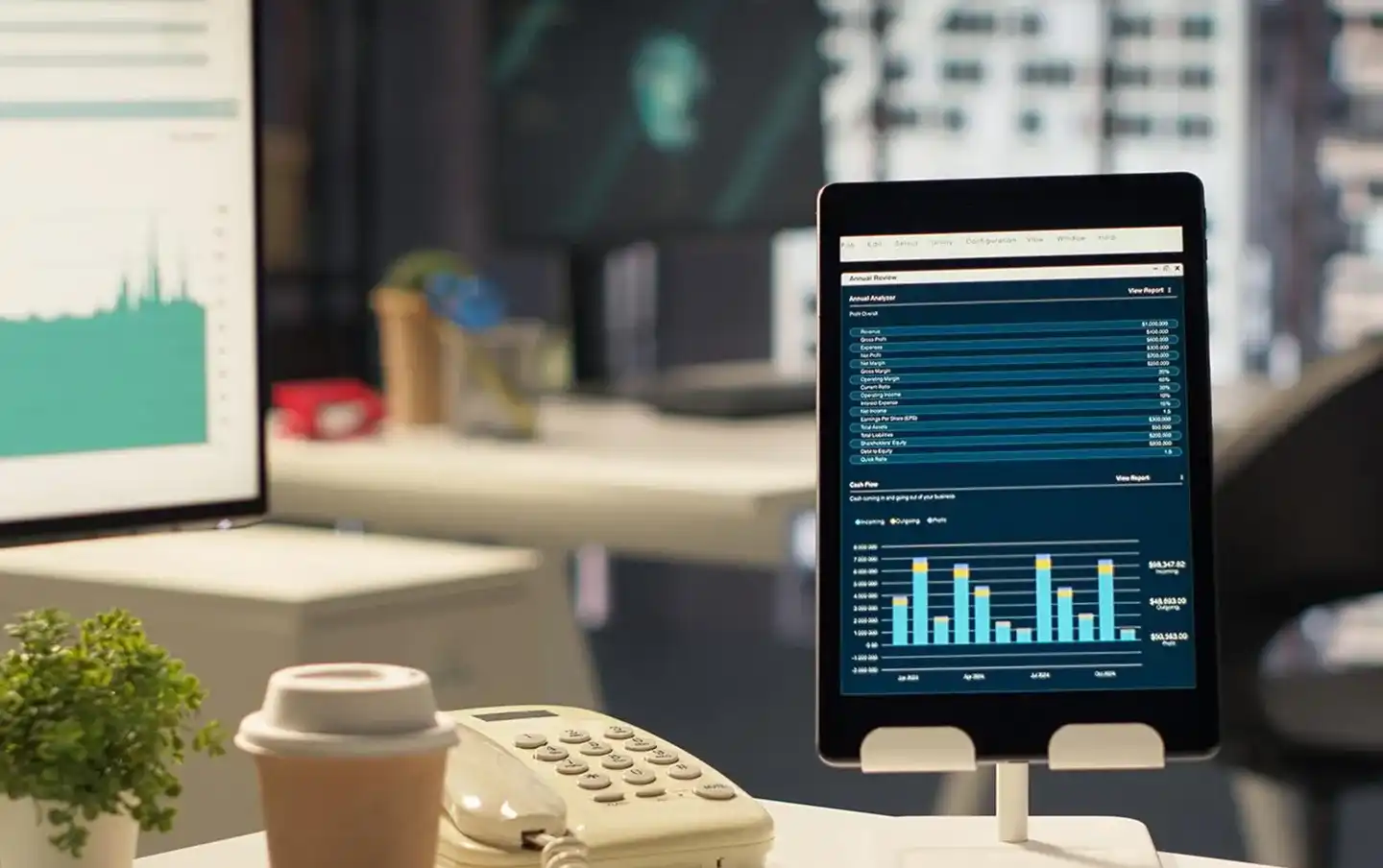 Tablet displaying an enterprise metrics dashboard, illustrating enterprise application development services built for large-scale business operations.