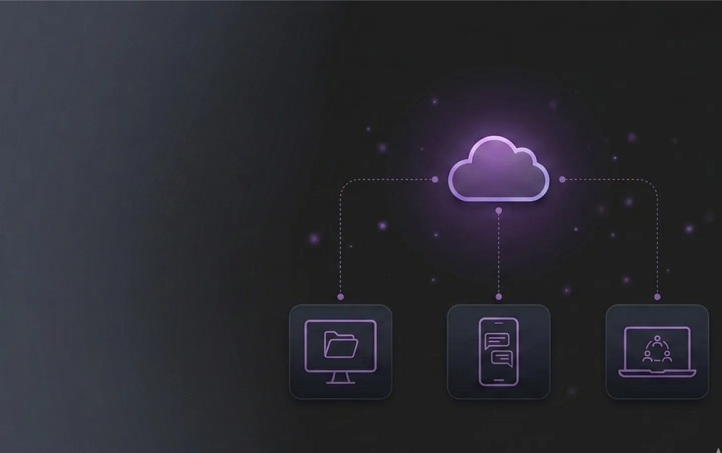 Dark, purple-accented illustration of a SaaS cloud platform connected to desktop, mobile, and laptop devices, representing custom SaaS development services built for scalable, multi-device software delivery