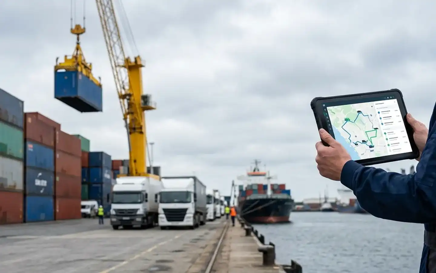 Logistics professional reviewing a route optimization dashboard on a tablet at a shipping port, illustrating logistics software development services for fleet and delivery route management