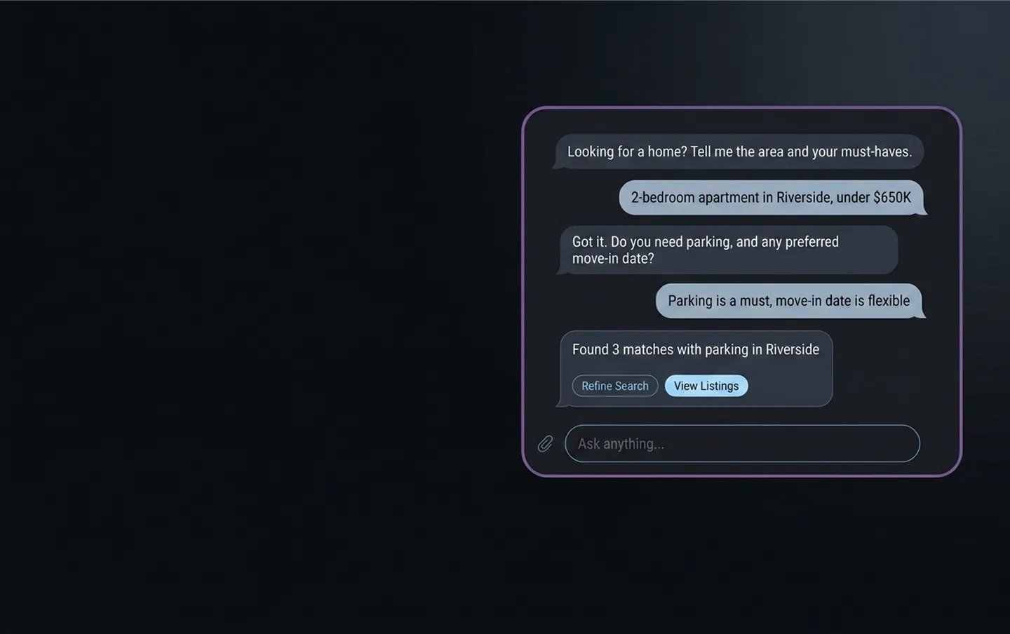 Dark-themed AI chatbot interface showing a conversation about finding a property match, illustrating chatbot development services built for guided, conversational customer interactions.