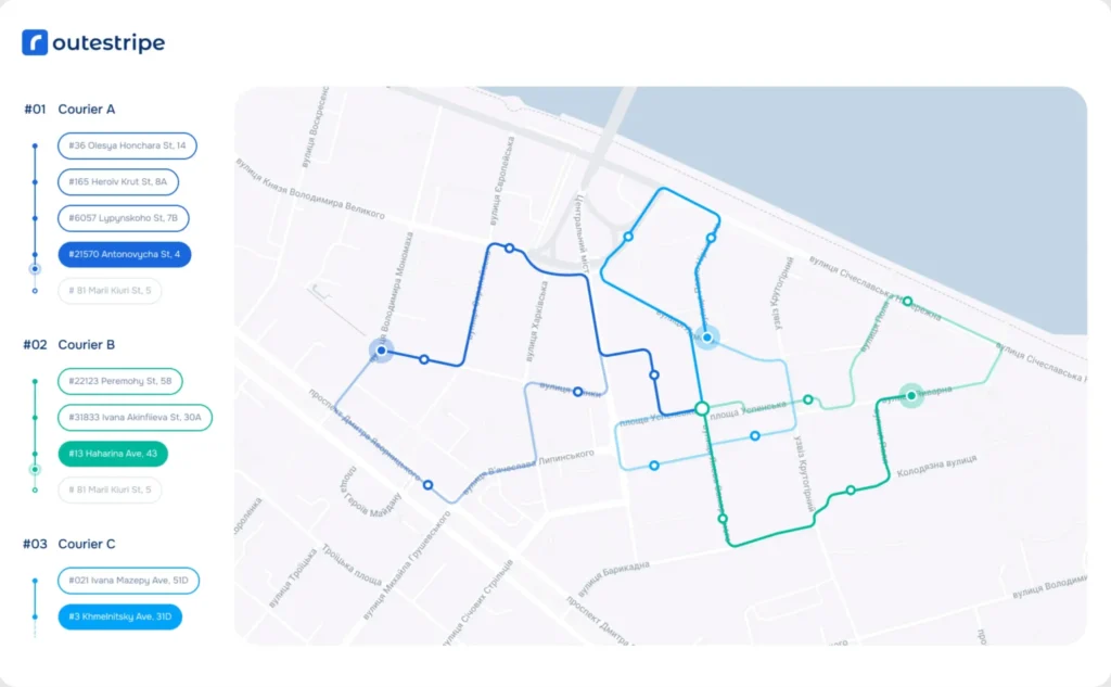 The RouteStripe software, which displays a map of the city showing individual drivers' delivery routes, visualizes the logistics route optimization.