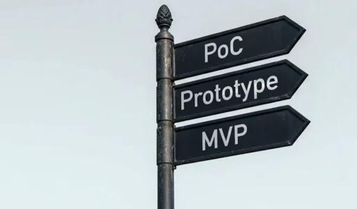 Three road signposts placed in sequence along one path, representing the sequential PoC vs prototype vs MVP validation process for startups.