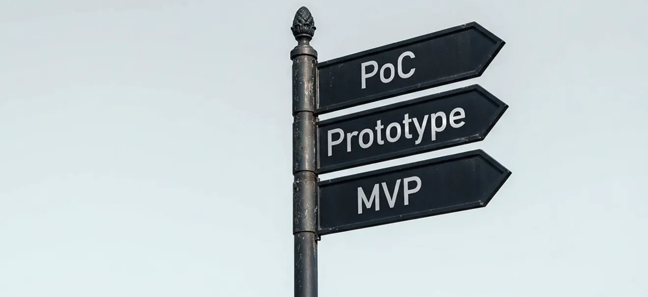 Three road signposts placed in sequence along one path, representing the sequential PoC vs prototype vs MVP validation process for startups.